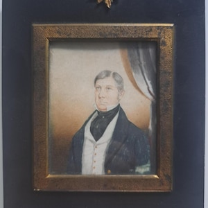 Antique Miniature Portrait of a Gentleman – Hand-Painted Watercolor on Paper in Gilt Frame – 19th Century