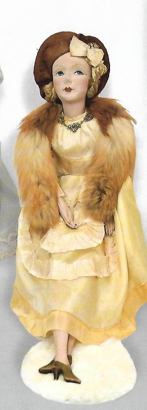Vintage Art Deco Boudoir Doll: Golden Satin Dress, Faux Fur Stole