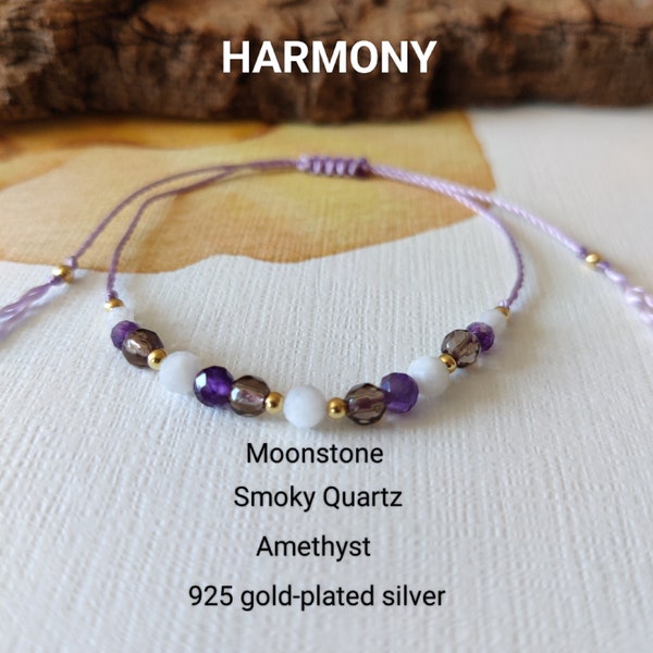 Harmony bracelet stones,minimalist bracelet, moonstone smoky quartz amethyst 925 gold plated beads, protective bracelet,talisman