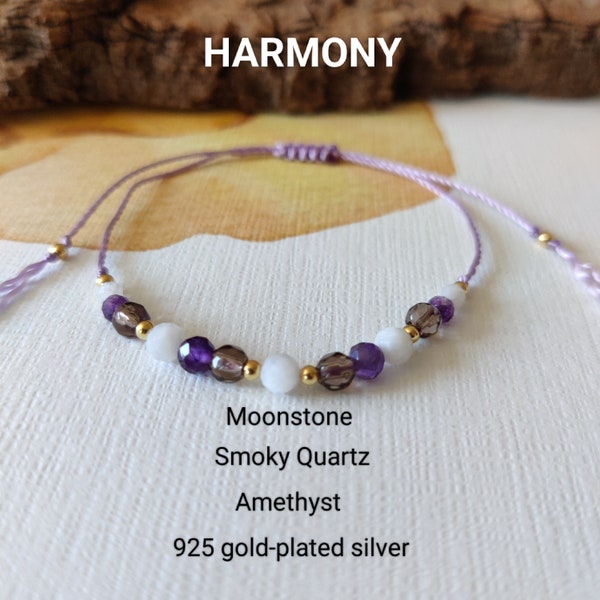 Harmony bracelet stones,minimalist bracelet, moonstone smoky quartz amethyst 925 gold  plated beads, protective bracelet,talisman