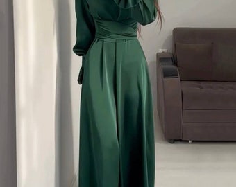 Autumn Long Sleeve Waist Puff Sleeve Green Dress