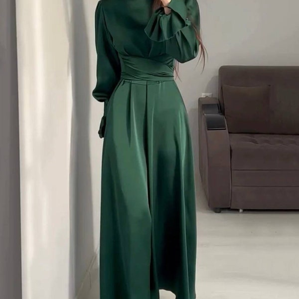 Autumn Long Sleeve Waist Puff Sleeve Green Dress