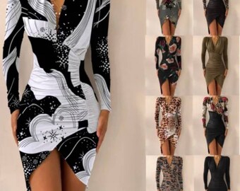 Asymmetrical Ruched Long Dress Sleeve Evening Dress V-neck Mini Dress Long Sleeve Slit Bodycon Dress New Printed Slim Dresses For Women