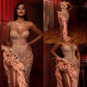 Rhinestone Sequin Spliced Irregular Strapless Pink Bodycon Prom Dress