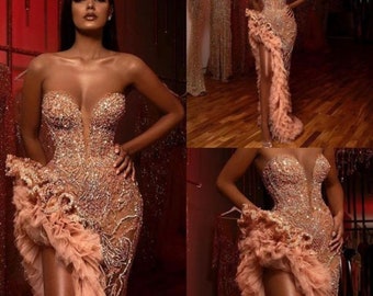 Rhinestone Sequin Spliced Irregular Strapless Pink Bodycon Prom Dress