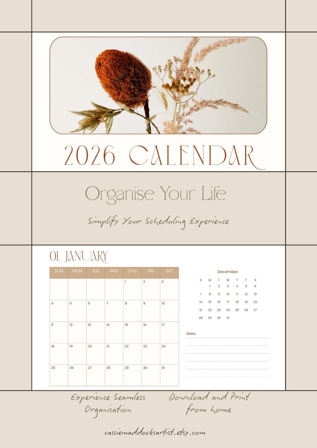 2026 Printable Calendar | Earthy Tones | Sunday Start | Landscape PDF ...