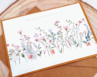 Karte Geburtstag, Frühling bunt, Wildblumen Wiese, Geburtstagskarte, Klappkarte, Aquarell