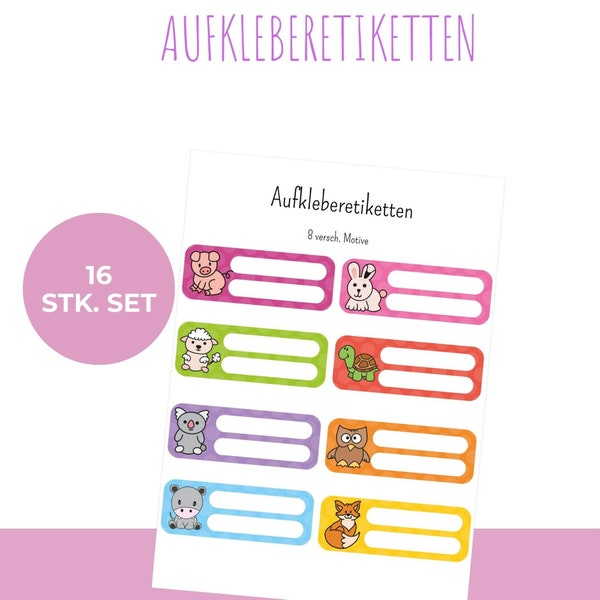 Namensaufkleber für Schulhefte mit Tiermotiven, personalisierte Sticker, Schuletiketten Set, kinderfreundliche Namensetiketten