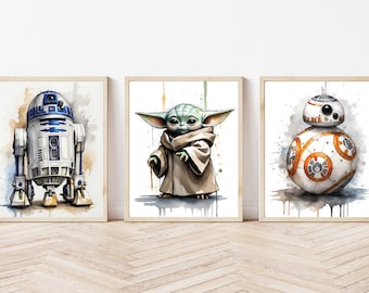 May include: Three watercolour paintings of Star Wars characters. The first painting is of R2-D2, the second is of Baby Yoda, and the third is of BB-8.