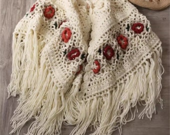 Pure handmade crochet vintage shawl, three-dimensional floral yarn triangular scarf cape