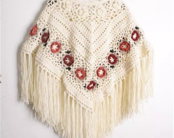 Pure handmade crochet vintage shawl, three-dimensional floral yarn triangular scarf cape