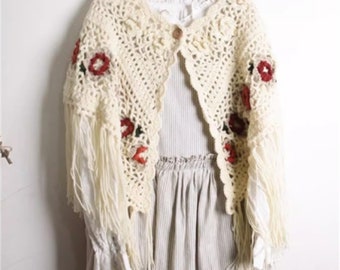 Pure handmade crochet vintage shawl, three-dimensional floral yarn triangular scarf cape