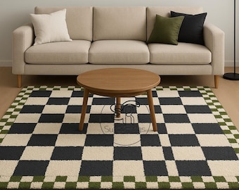 Hand Tufted Checkerboard Rug | 5X8 Black and Ivory Checkered Area Rug | Modern Geometric Wool Rug | Green Border Area Rug for Living Room