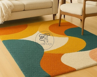 Modern Abstract Hand Tufted Rug | Mid Century Modern Area Carpet | Terracotta and Teal Geometric Floor Decor | Handmade Wool Living Room Rug