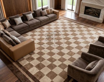 Hand Tufted Wool Rug | Brown and Beige Checkerboard Area Rug | Modern Traditional Living Room Carpet | Custom Size Soft Floor Rug