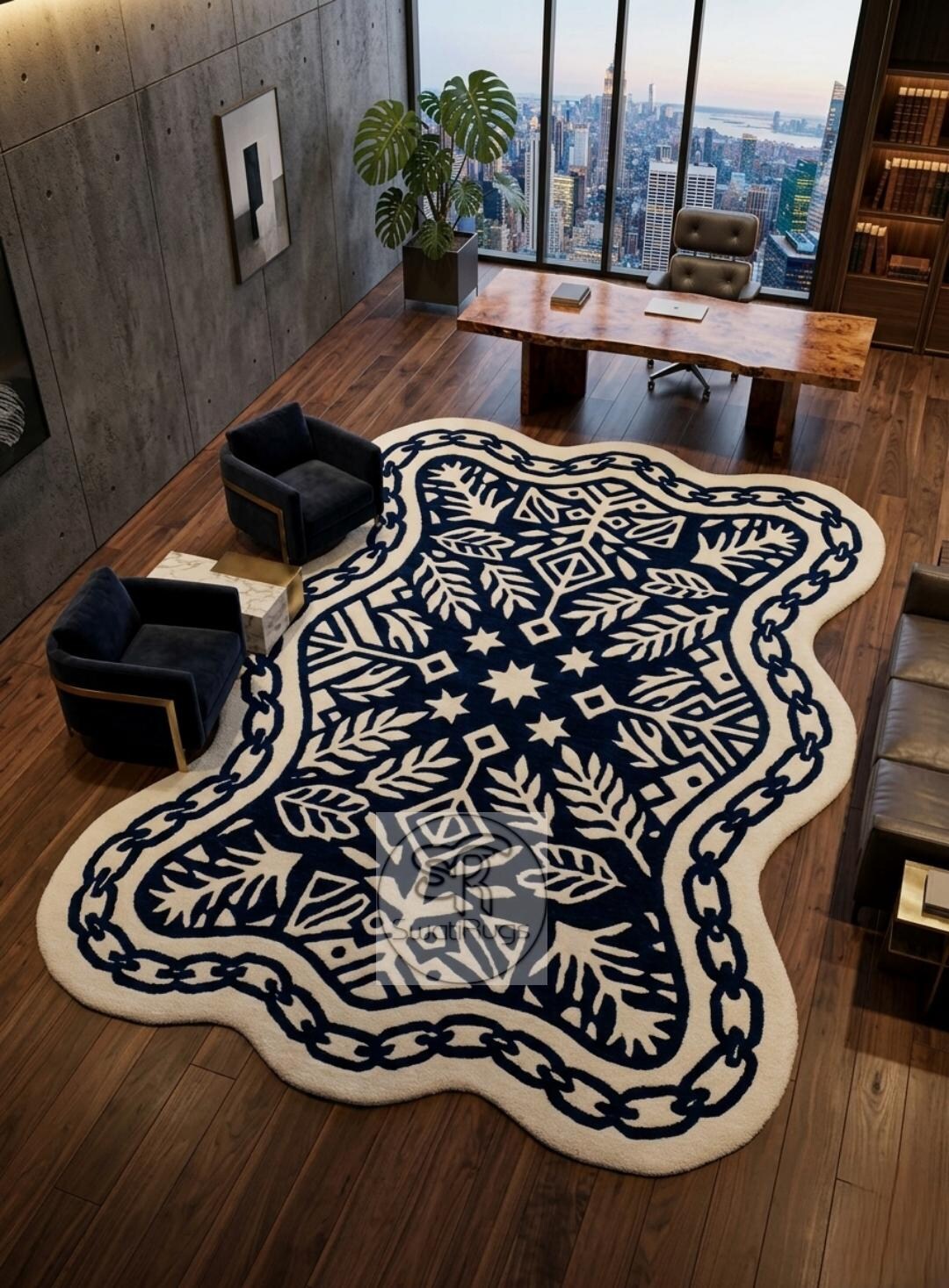 Hand Tufted Wool Rug | Custom Shape Irregular Carpet | Navy Blue and ...