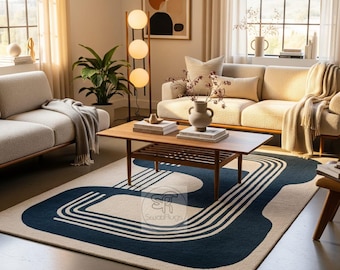 Hand Tufted Wool Rug | Blue and Cream Abstract Geometric Area Rug | MOdern Rug for Living Room, Bedroom, Office | Custom Rug