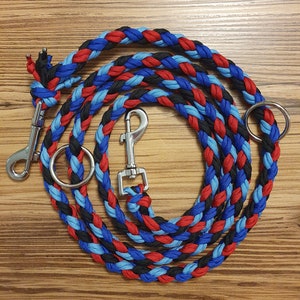 Puede incluir: Una correa para perro trenzada en rojo, azul y negro con dos cierres metálicos. Un cierre es un gancho y el otro es un anillo.