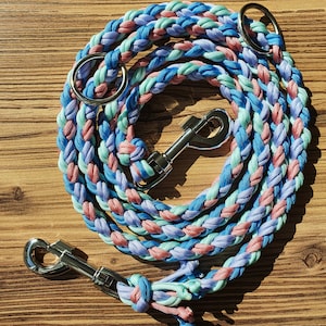 May include: A braided dog leash in pink, blue, and green with a silver clip and two silver rings.