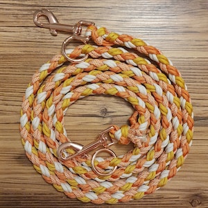Puede incluir: Una correa para perro trenzada con cuerda naranja, blanca y amarilla. La correa tiene dos clips de metal de color oro rosa.