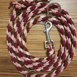 Puede incluir: Una correa de perro trenzada con hebras marrones, rosas y blancas. La correa tiene dos clips plateados y un anillo plateado.
