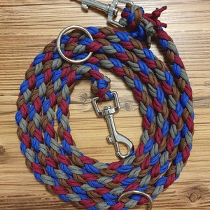May include: A braided dog leash with brown, blue, and red strands. The leash has two silver metal clips and a silver metal ring.