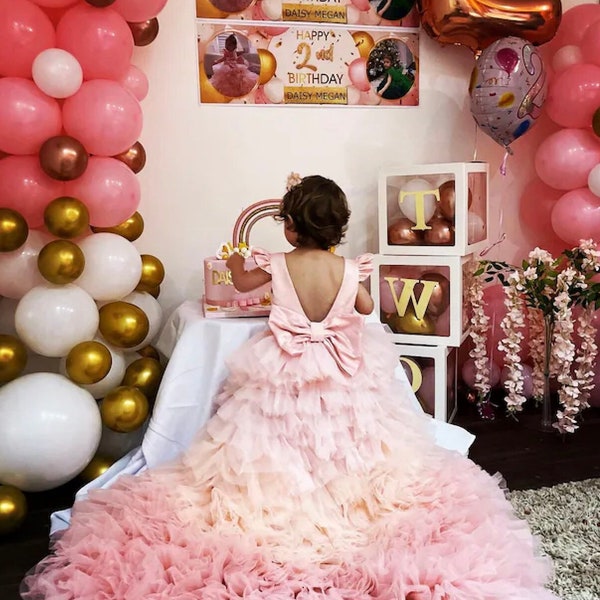 Peach Ombre Birthday Baby Girl Dress, Flower Girl Dress With Train, Prom Ball Gown, Tutu Multilayered Toddler Dress, Special Occasion Outfit