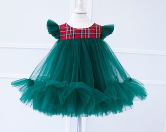 Green Red Tartan Christmas Dress, Tulle Baby Dress, Photoshoot Holiday Birthday Puffy Dress, Tutu Prom Winter Gown, Special Occasion Dress