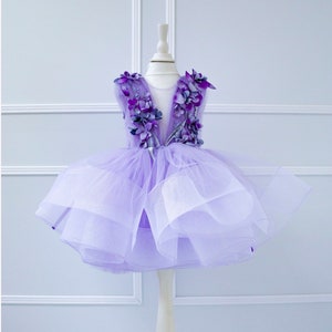 Lilac Tutu Tulle Dress For Baby Girls, Birthday Party Dress with 3D Floral Lace, Flower Girl Dress, Prom Pageant Gown, Special Occasion