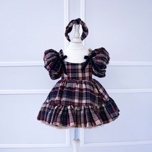 Beige Plaid Flannel, Tartan Tutu Christmas Dress, Baby Dress, Photoshoot Birthday Puffy Dress, Prom Winter Gown, Special Occasion Dress
