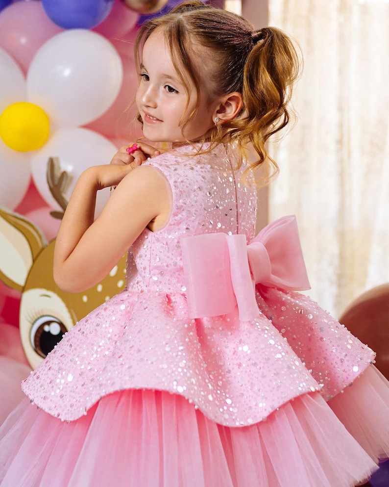 Dilan Baby Pink Layered Tulle Party Dress with Floral Neckline