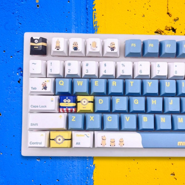 132 Stück Minions Tastenkappen, PBT Dye-Sub-Tastenkappen-Set für Cherry MX Switch GMMK ENTE75 C64 Mechanische Tastatur Tastatur