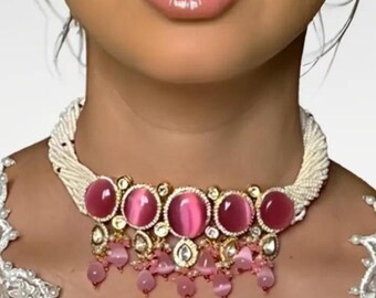 Kundan Pink & White Pearl Choker Set