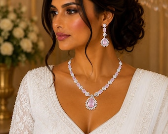 Blush Pink Bridal Necklace Set, Teardrop Crystal Jewellery