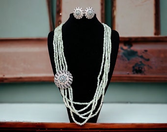 Green Beaded, American Diamond Necklace Set