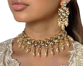 Pearl Kundan Choker Necklace Set with mesmerising pastel beads and earrings- ideal for weddings