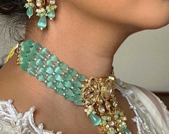 Green Beaded choker Set with beautiful detailed stone work for special occasions