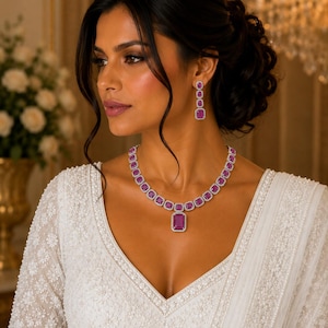 Ruby Red Bridal Necklace Earrings Set | Luxury Indian Pakistani Wedding Jewellery