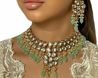 Green Kundan Jewellery Set with pearl drop earrings - wedding choker necklace