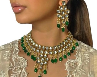 Semi-Heavy Green Kundan Jewellery Set with Choker Necklace and Drop Earrings