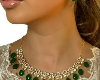 Green Kundan Necklace Set - Perfect for weddings, Small dropped Earrings included