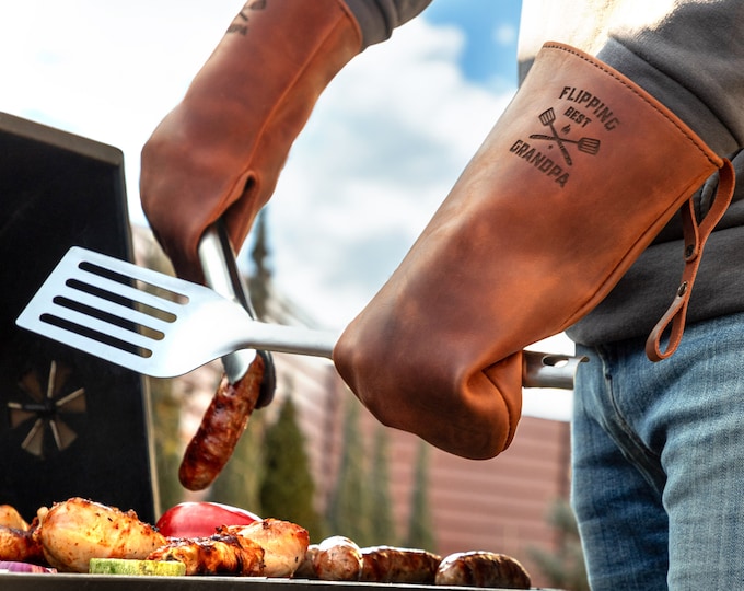 Custom BBQ Gloves for Meat Smoker, Grill Leather Gloves Set of 2, BBQ Grilling Accessories, Custom BBQ Smoker Gloves Gift for Man