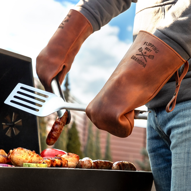 Copper color leather grill gloves with personalization, Personalized grilling gloves for Men