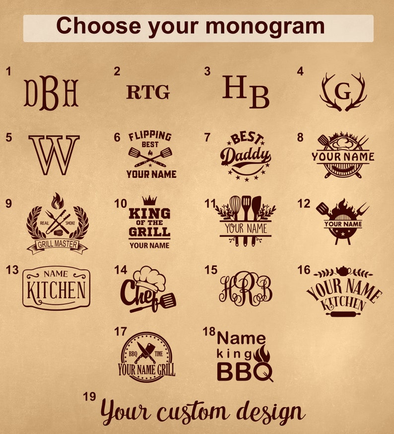 May include: A chart with 19 different designs for a monogram. The designs include initials, grill-themed designs, and the words "King of the Grill", "Name Kitchen", "Chef", and "Name King BBQ".