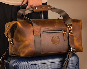 Personalized Leather Travel Duffel Bag – Weekender bag with Luggage Sleeve, Gift for Him