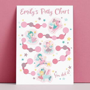 May include: A pink and white potty training chart with a fairy and unicorn theme. The chart has a path of circles to color in as the child uses the potty. The text on the chart says "Emily's Potty Chart" and "You did it!"