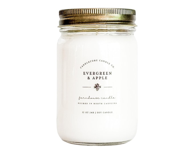 Evergreen & Apple Scent, Hand Poured Candle, Soy Candle, Farmhouse Candle, White Candle, Scented Candle
