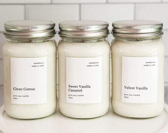 Velvet Vanilla Scented Premium Pure Soy Wax Candles And Soy Wax Melts / 8 oz, 16 oz Mason Jar Candles / Hand Poured Clean Candles