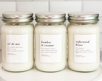 Cedarwood Blanc Scented Premium Pure Soy Wax Candles And Soy Wax Melts / 8 oz, 16 oz Mason Jar Candles / Hand Poured Clean Candles