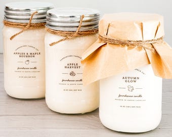 100% Soy Candles - Scents H/I/J/K/L, Farmhouse Mason Jar